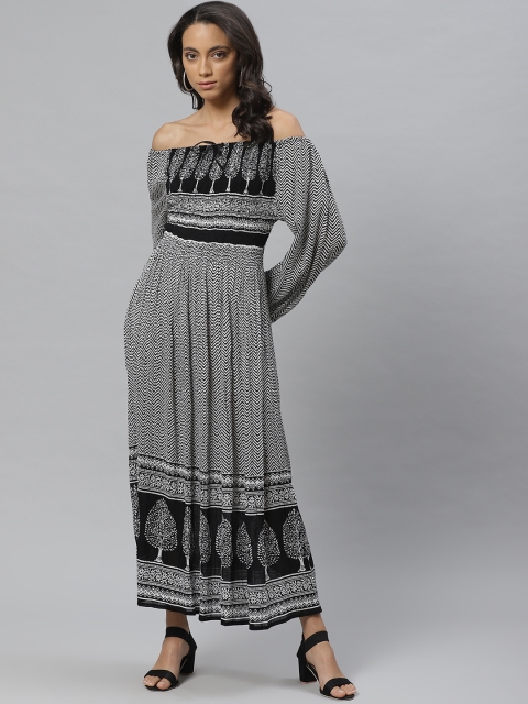 

Vemante Women Black & White Printed Off-Shoulder Maxi Dress