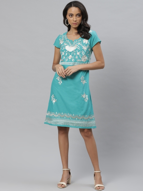 

Vemante Women Blue & White Floral Resham Embroidery A-Line Dress