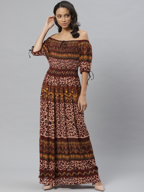 

Vemante Women Coffee Brown & Peach-Coloured Animal Print Off-Shoulder Maxi Dress
