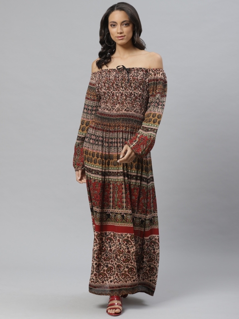 

Vemante Women Brown & Maroon Printed Off-Shoulder Maxi Dress