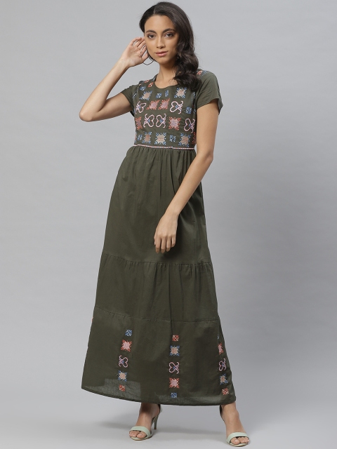 

Vemante Women Olive Green Embroidered Tiered Maxi Dress
