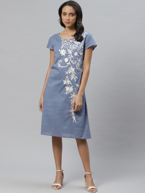 

Vemante Women Grey & Beige Floral Resham Embroidery A-Line Dress