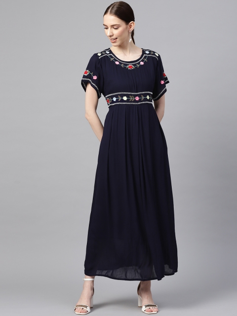 

Vemante Women Navy Blue Solid Maxi Dress with Embroidery