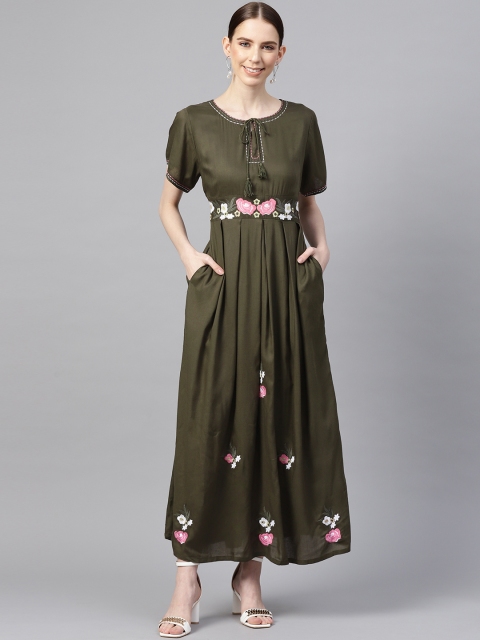 

Vemante Women Olive Green Floral Embroidered Maxi Dress