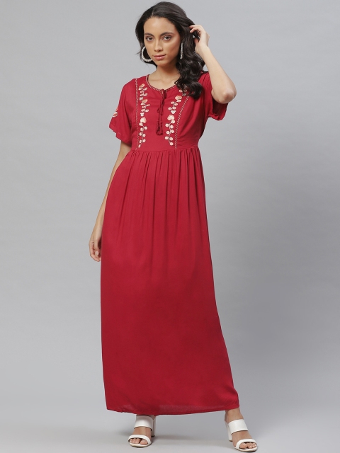 

Vemante Women Maroon Embroidered Yoke Maxi Dress