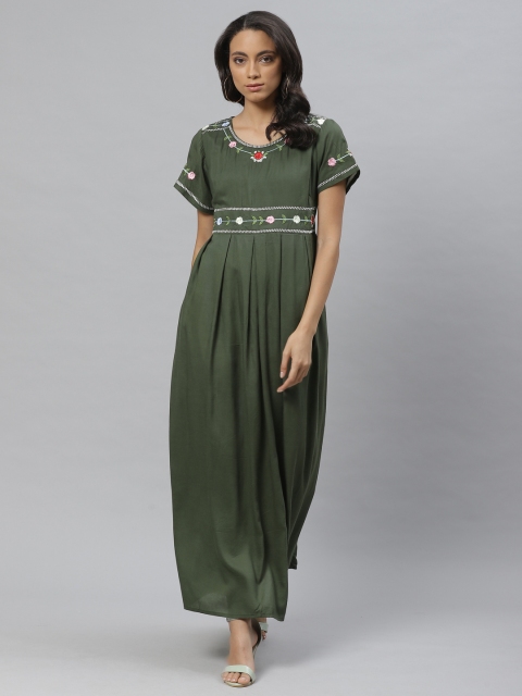 

Vemante Women Olive Green Solid Maxi Dress