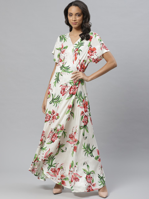 

Vemante Women White & Pink Floral Print Wrap Maxi Dress