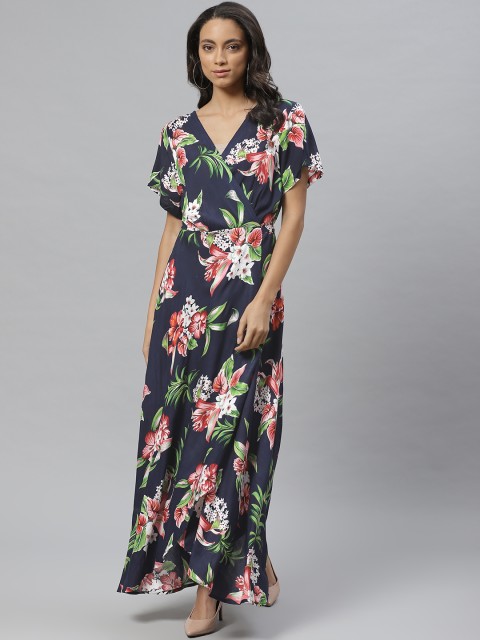 

Vemante Women Navy Blue & Pink Floral Print Wrap Dress
