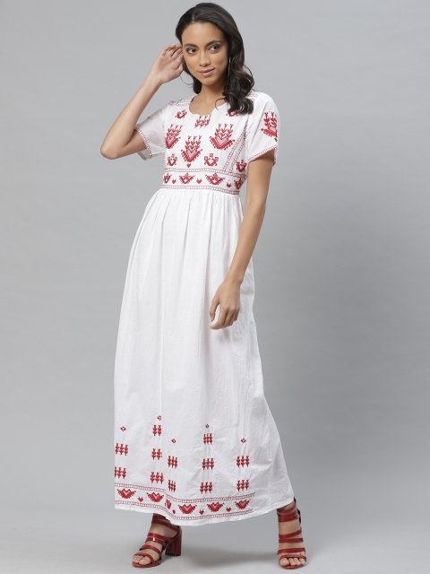 

Vemante Women White & Red Embroidered Maxi Dress