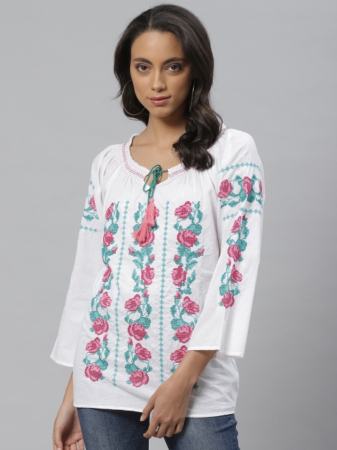 

Vemante Women White & Pink Smocked Detailed Floral Embroidered Top