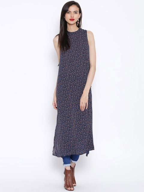 

Tokyo Talkies Navy Floral Print High Slit Maxi Top, Navy blue