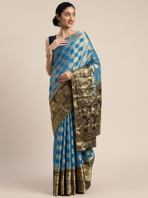 

MIMOSA Teal Blue & Gold-Toned Poly Chiffon Woven Design Banarasi Saree