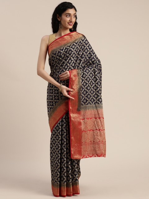

MIMOSA Navy Blue & Gold-Toned Art Silk Woven Design Kanjeevaram Saree