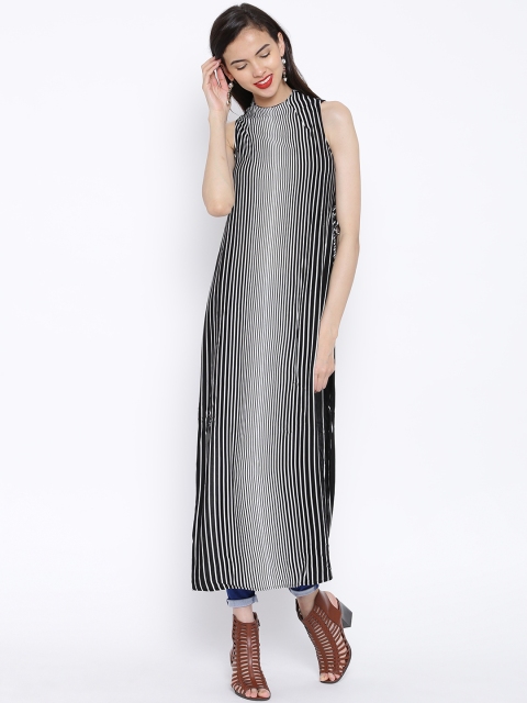 

Tokyo Talkies Black & White Striped High Slit Maxi Tunic
