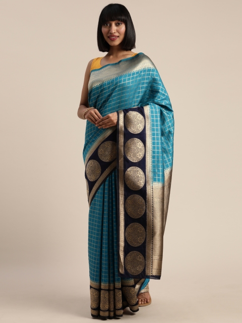 

MIMOSA Blue & Gold-Toned Art Silk Checked Kanjeevaram Saree
