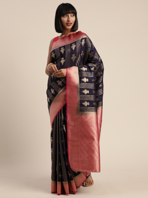 

MIMOSA Navy Blue & Gold-Toned Art Silk Woven Design Kanjeevaram Saree