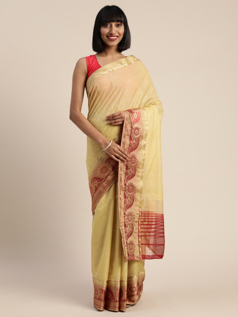

MIMOSA Yellow Linen Blend Solid Kanjeevaram Saree