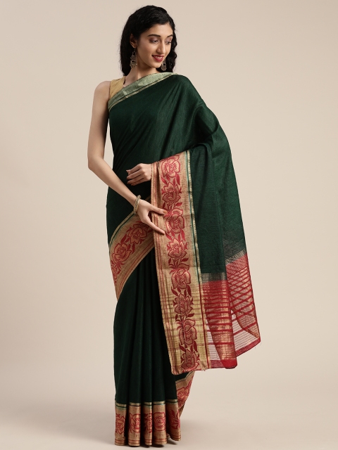 

MIMOSA Green Linen Blend Solid Kanjeevaram Saree