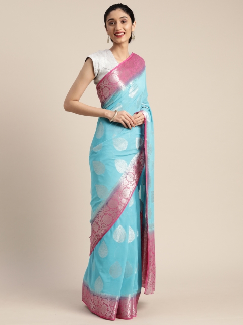 

MIMOSA Turquoise Blue & Pink Poly Chiffon Woven Design Banarasi Saree