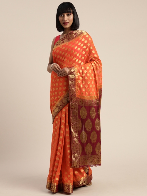 

MIMOSA Orange & Gold-Coloured Poly Chiffon Woven Design Banarasi Saree
