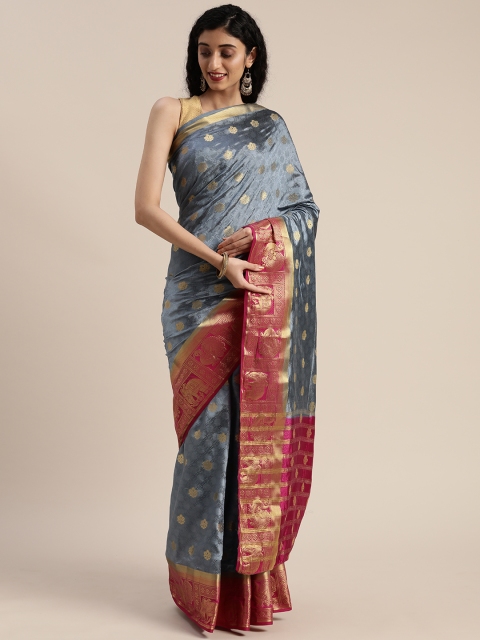 

MIMOSA Grey & Gold-Toned Art Silk Woven Design Kanjeevaram Saree