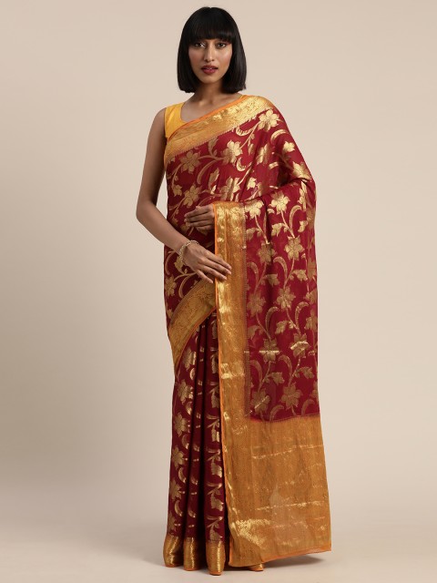 

MIMOSA Maroon & Gold-Toned Poly Chiffon Woven Design Banarasi Saree