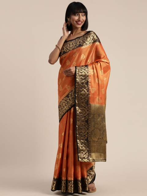 

MIMOSA Orange & Gold-Toned Art Silk Woven Design Kanjeevaram Saree