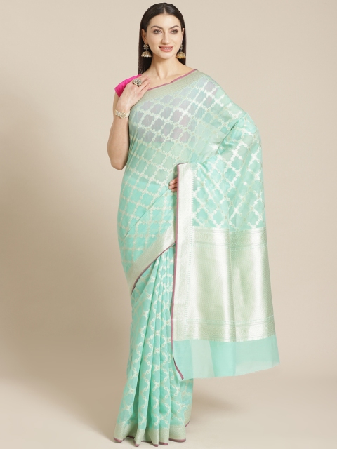 

Mitera Sea Green & Silver Zari Woven Design Banarasi Saree