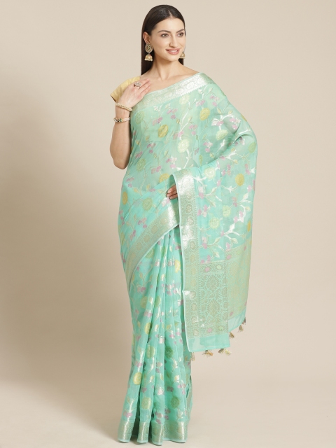 

Mitera Sea Green & Gold Floral Woven Design Banarasi Saree