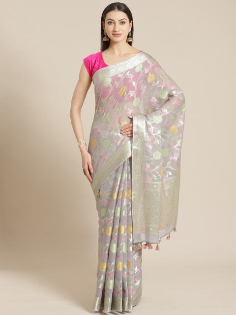 

Mitera Grey & Gold Floral Woven Design Banarasi Saree