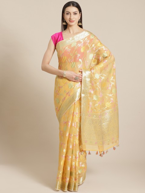 

Mitera Mustard Yellow & Golden Floral Woven Design Banarasi Saree