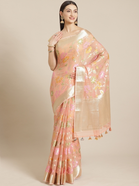 

Mitera Peach-Coloured & Golden Floral Woven Design Banarasi Saree