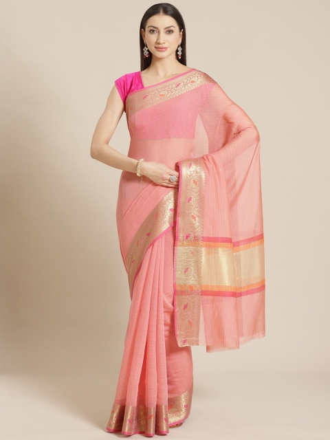 

Mitera Pink Self-Striped Banarasi Saree