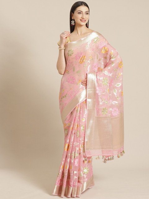 

Mitera Pink & Silver Zari Woven Design Banarasi Saree