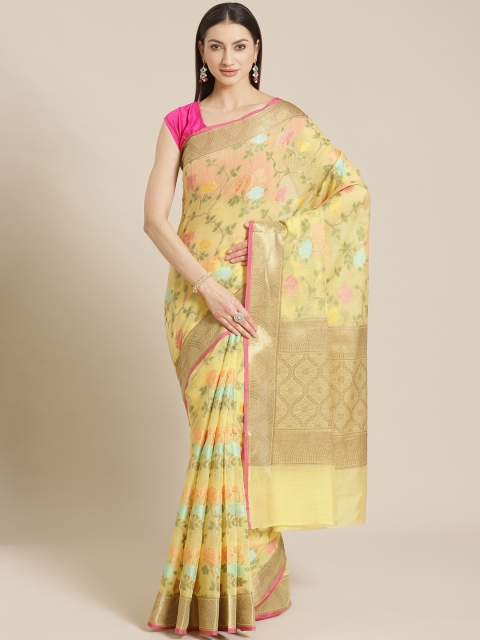 

Mitera Yellow & Pink Zari Woven Design Banarasi Saree