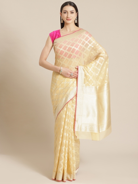 

Mitera Cream-Coloured & Golden Woven Design Celebrity Banarasi Saree