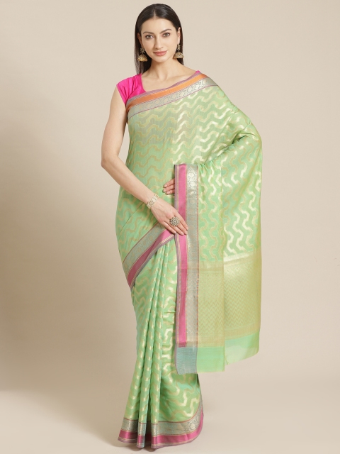 

Mitera Green & Golden Woven Design Striped Celebrity Banarasi Saree