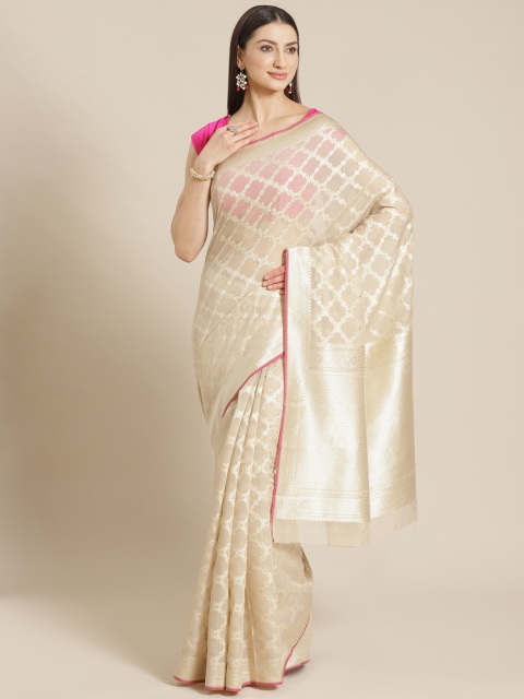 

Mitera Beige & Golden Zari Woven Design Celebrity Banarasi Saree