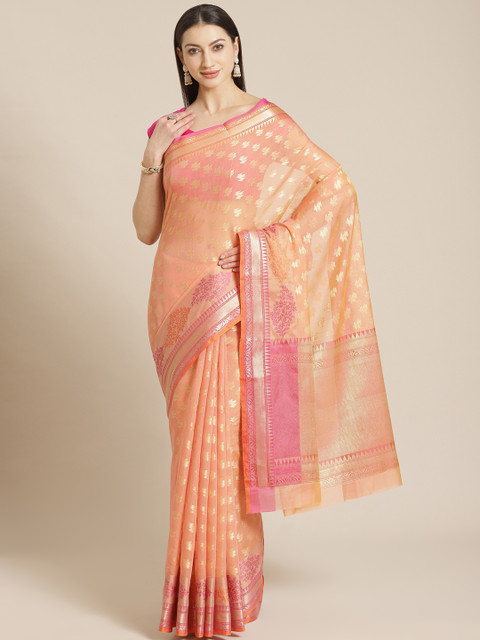 

Mitera Peach-Coloured & Golden Zari Jacquard Woven Design Celebrity Banarasi Saree