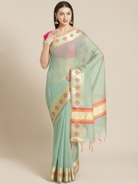 

Mitera Green & Golden Woven Design Checked Celebrity Banarasi Saree