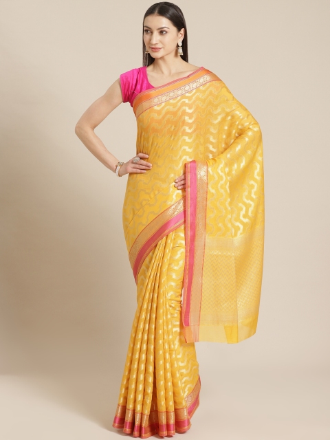 

Mitera Yellow & Golden Zari Woven Design Celebrity Striped Banarasi Saree