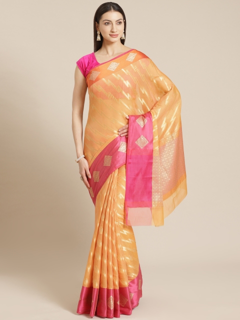 

Mitera Orange & Golden Liva Zari Woven Design Banarasi Saree