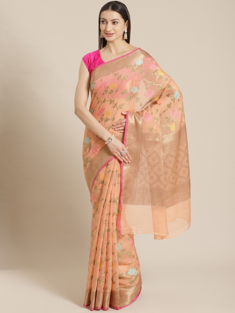 

Mitera Peach-Coloured & Golden Liva Woven Design Banarasi Saree