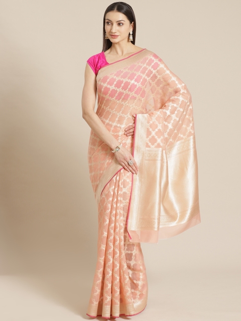 

Mitera Peach-Coloured & Golden Liva Woven Design Banarasi Saree