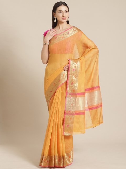 

Mitera Mustard Yellow & Red Zari Striped Celebrity Banarasi Saree