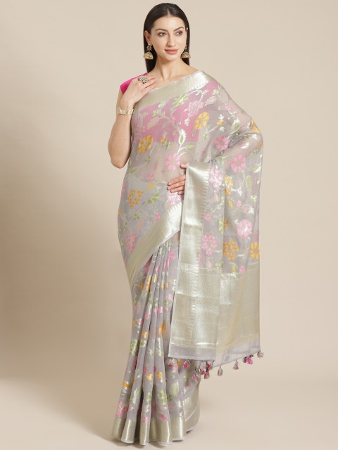 

Mitera Grey & Pink Floral Woven Design Banarasi Saree