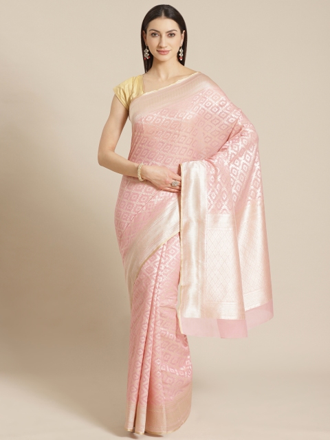 

Mitera Pink & Golden Liva Woven Design Banarasi Saree