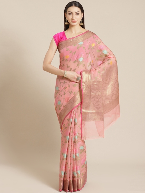 

Mitera Pink & Green Floral Woven Design Banarasi Saree