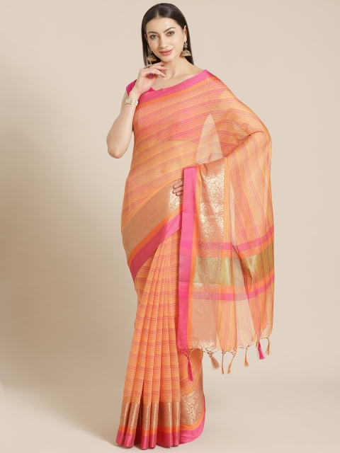 

Mitera Orange & Golden Striped Banarasi Celebrity Saree