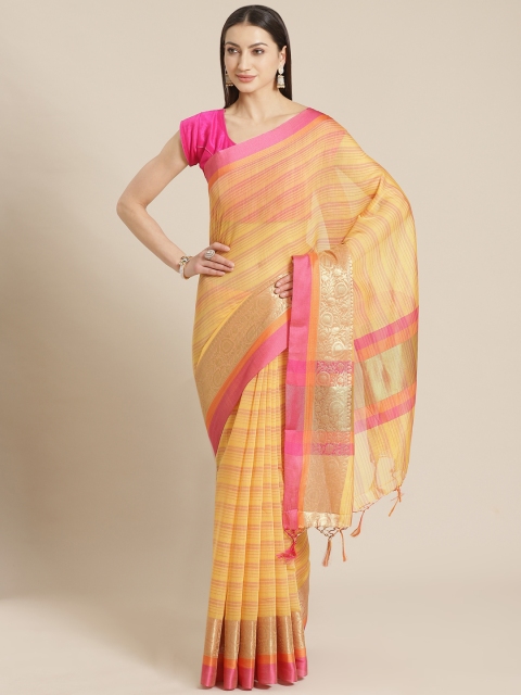 

Mitera Yellow & Pink Striped Celebrity Banarasi Saree